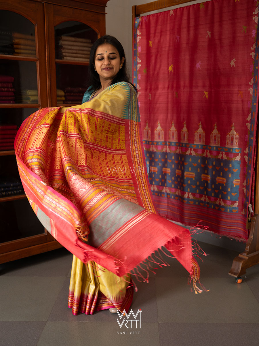 Pastel Yellow Firozi Red Ganga Jamuna Ananta Handspun Tussar Silk Saree