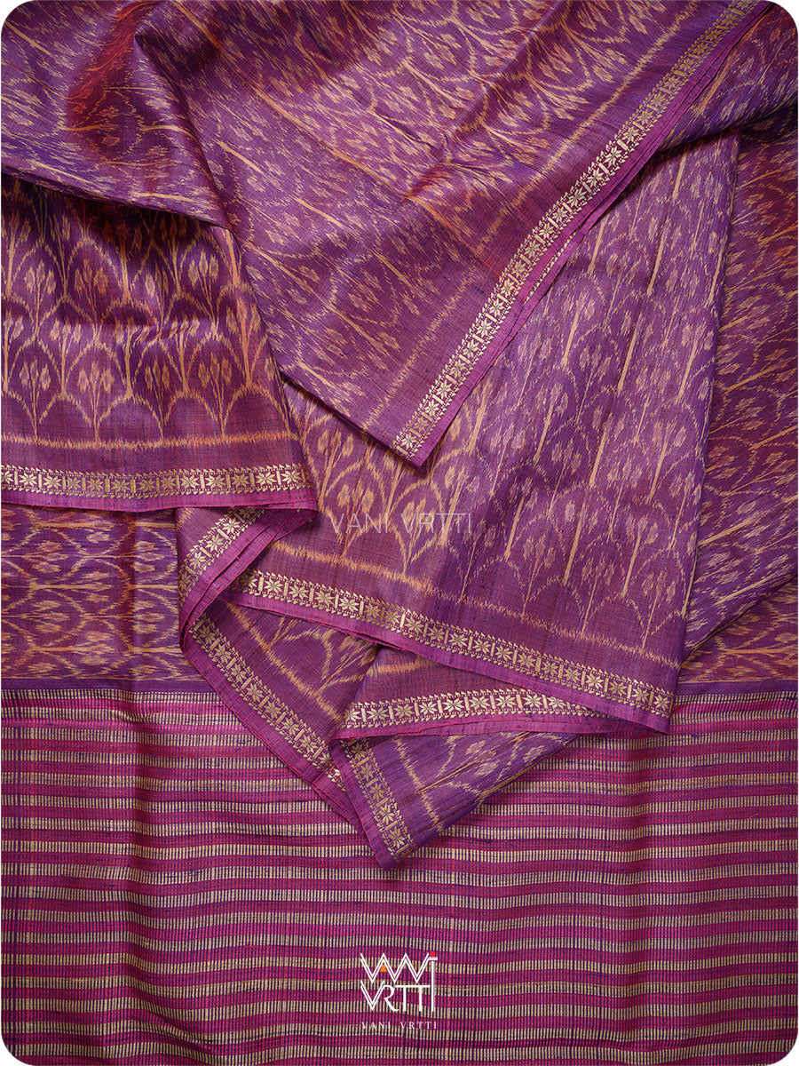 Purple pink Iris Ikat Handspun Tussar Silk Saree