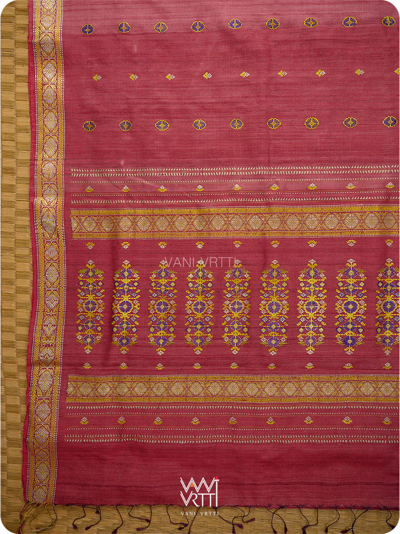 Red Maroon Brahma Kamal Master Weave Exclusive Handspun Tussar Silk Saree