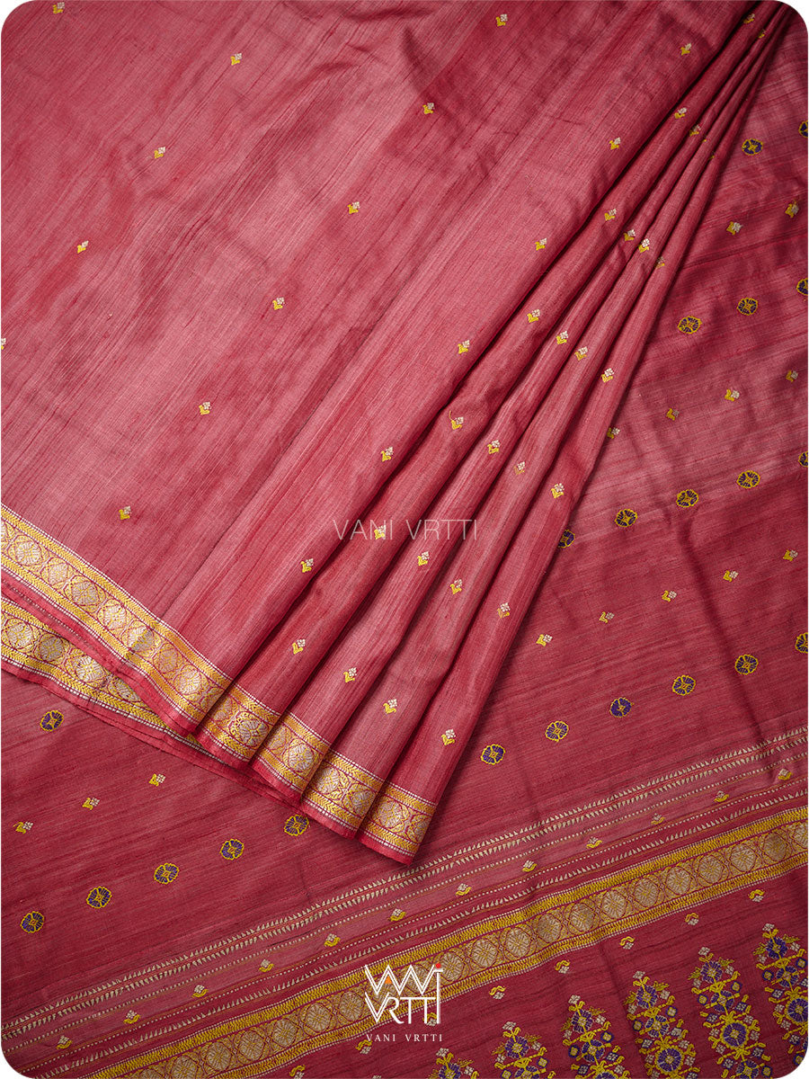 Red Maroon Brahma Kamal Master Weave Exclusive Handspun Tussar Silk Saree