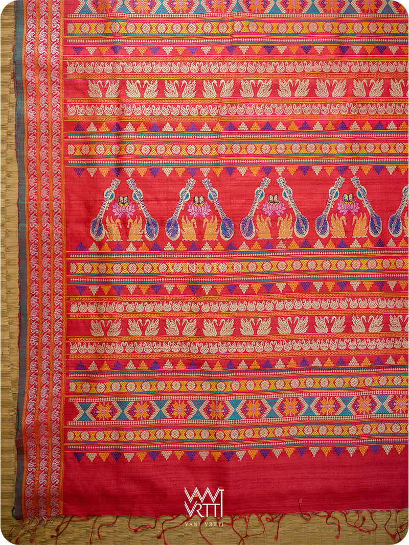 Watermelon Red Veena Pani Lata Master Weave Exclusive Handspun Tussar Silk Saree