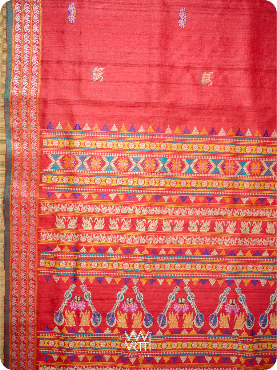 Watermelon Red Veena Pani Lata Master Weave Exclusive Handspun Tussar Silk Saree