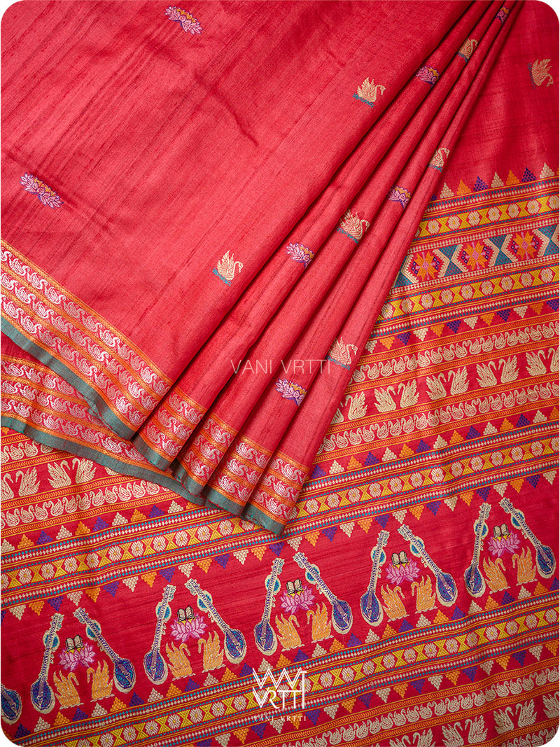 Watermelon Red Veena Pani Lata Master Weave Exclusive Handspun Tussar Silk Saree