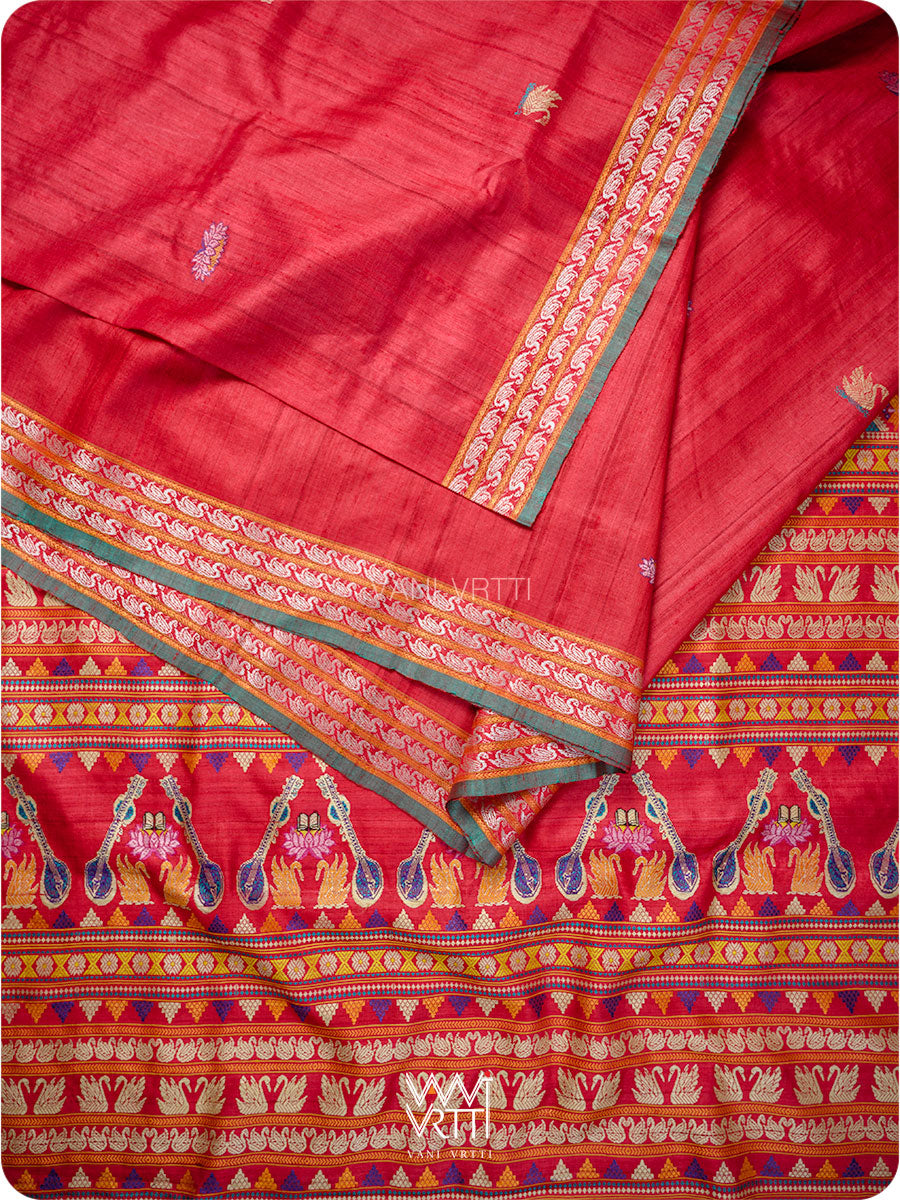 Watermelon Red Veena Pani Lata Master Weave Exclusive Handspun Tussar Silk Saree