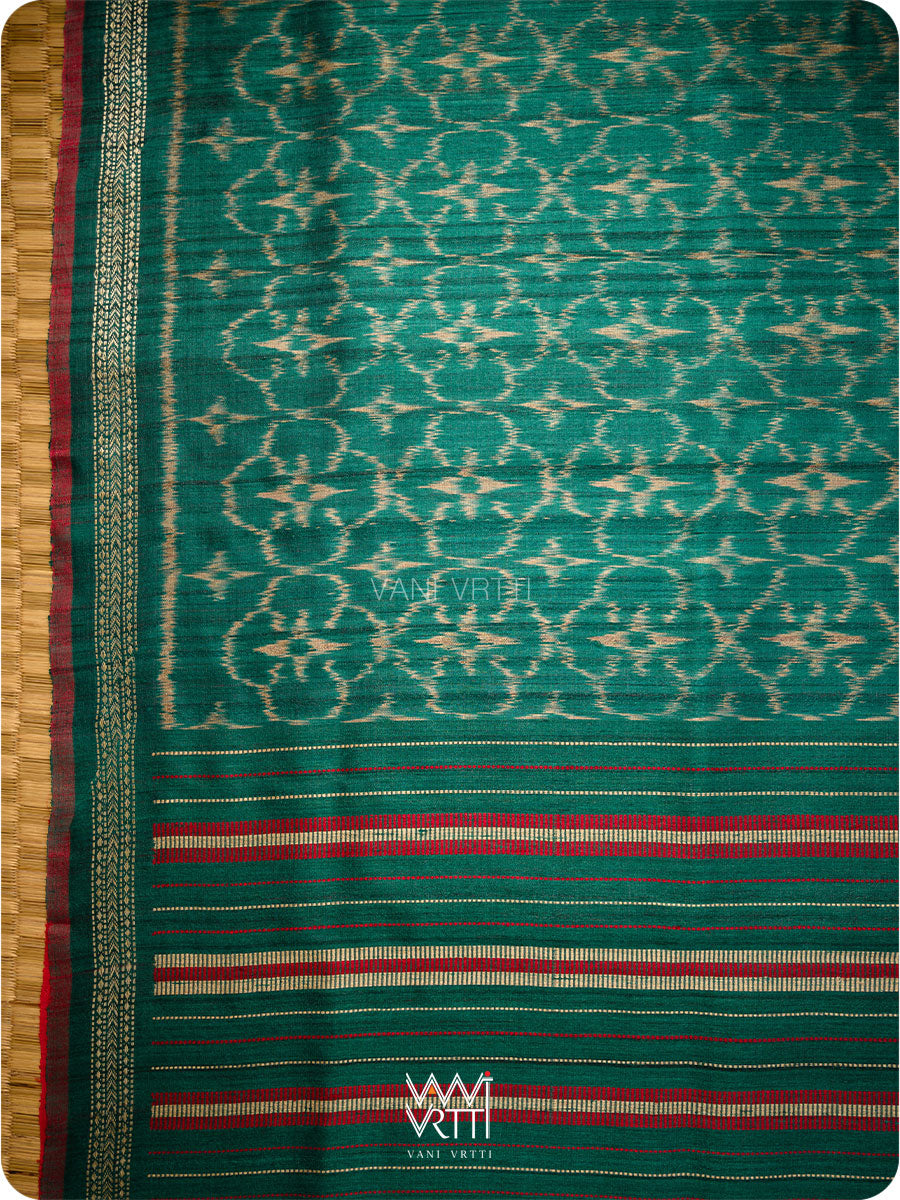 Deep Teal Green Chrysanthemum Master Weave Designer Handspun Ikat Tussar Silk Sari