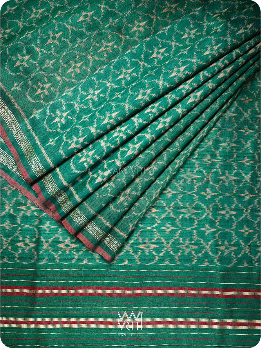 Deep Teal Green Chrysanthemum Master Weave Designer Handspun Ikat Tussar Silk Sari