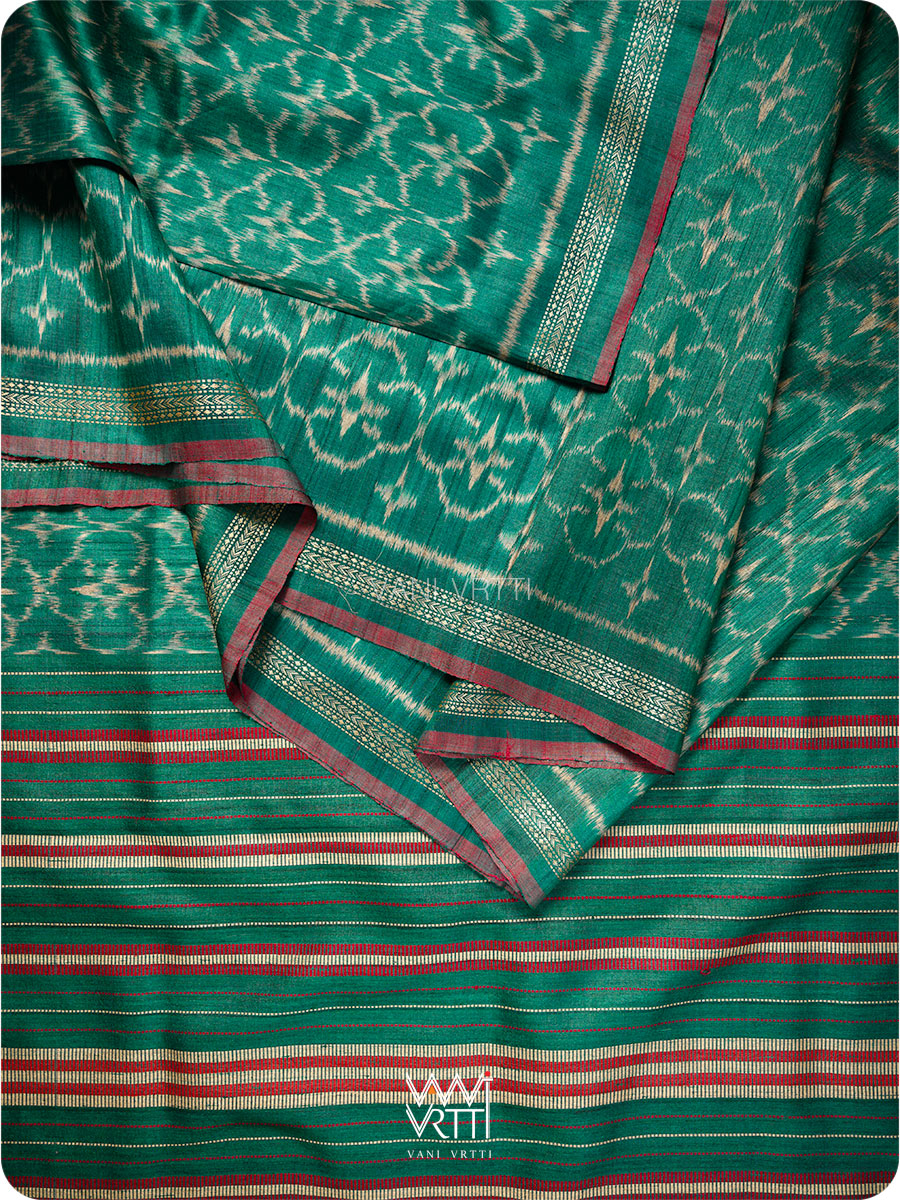 Deep Teal Green Chrysanthemum Master Weave Designer Handspun Ikat Tussar Silk Sari