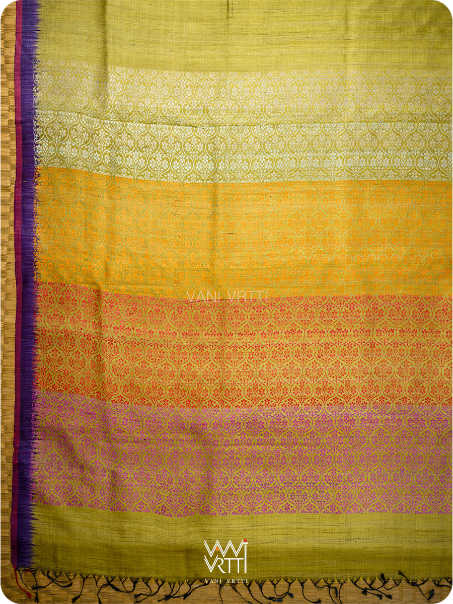 Lime Green Pink Purple Parijat Handspun Tussar Silk Saree