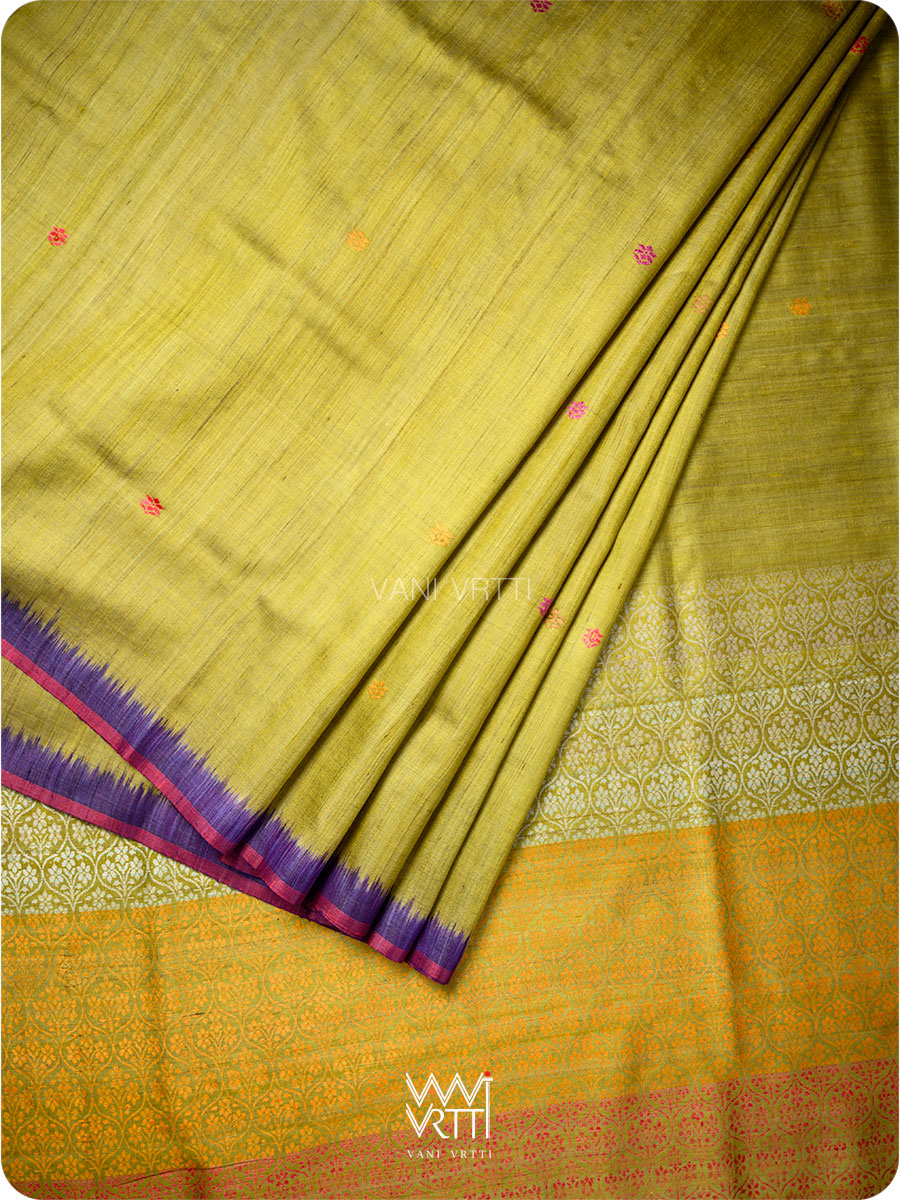 Lime Green Pink Purple Parijat Handspun Tussar Silk Saree