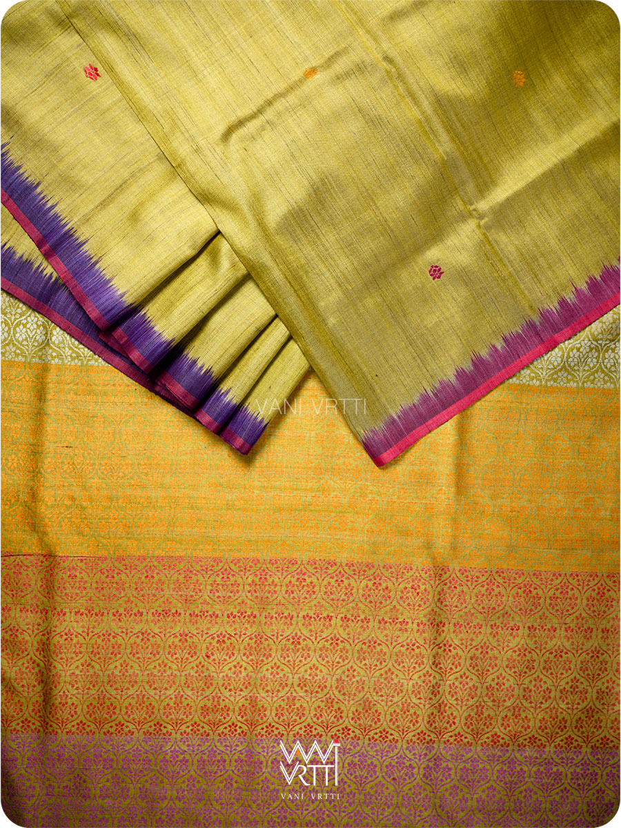 Lime Green Pink Purple Parijat Handspun Tussar Silk Saree