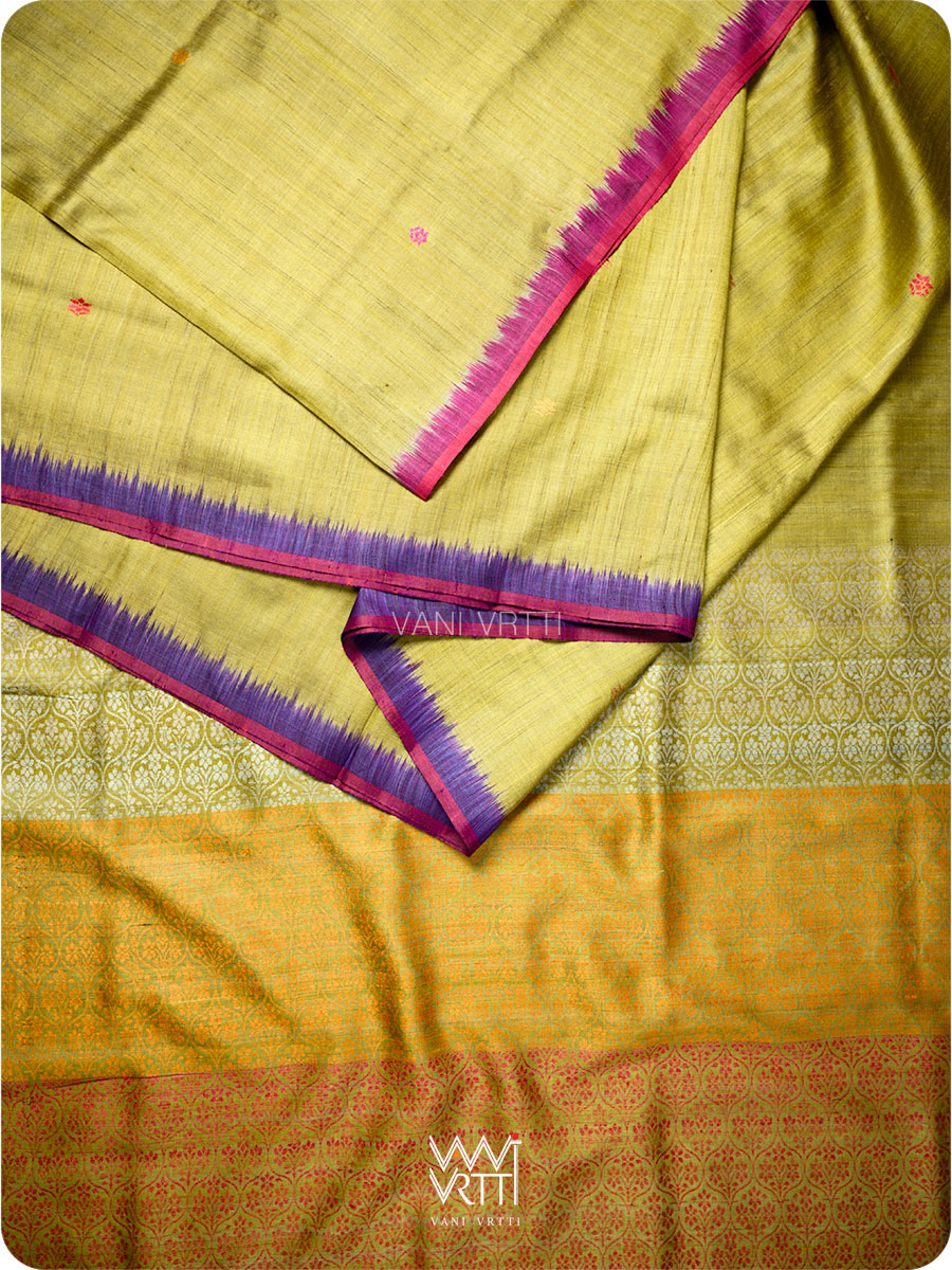 Lime Green Pink Purple Parijat Handspun Tussar Silk Saree