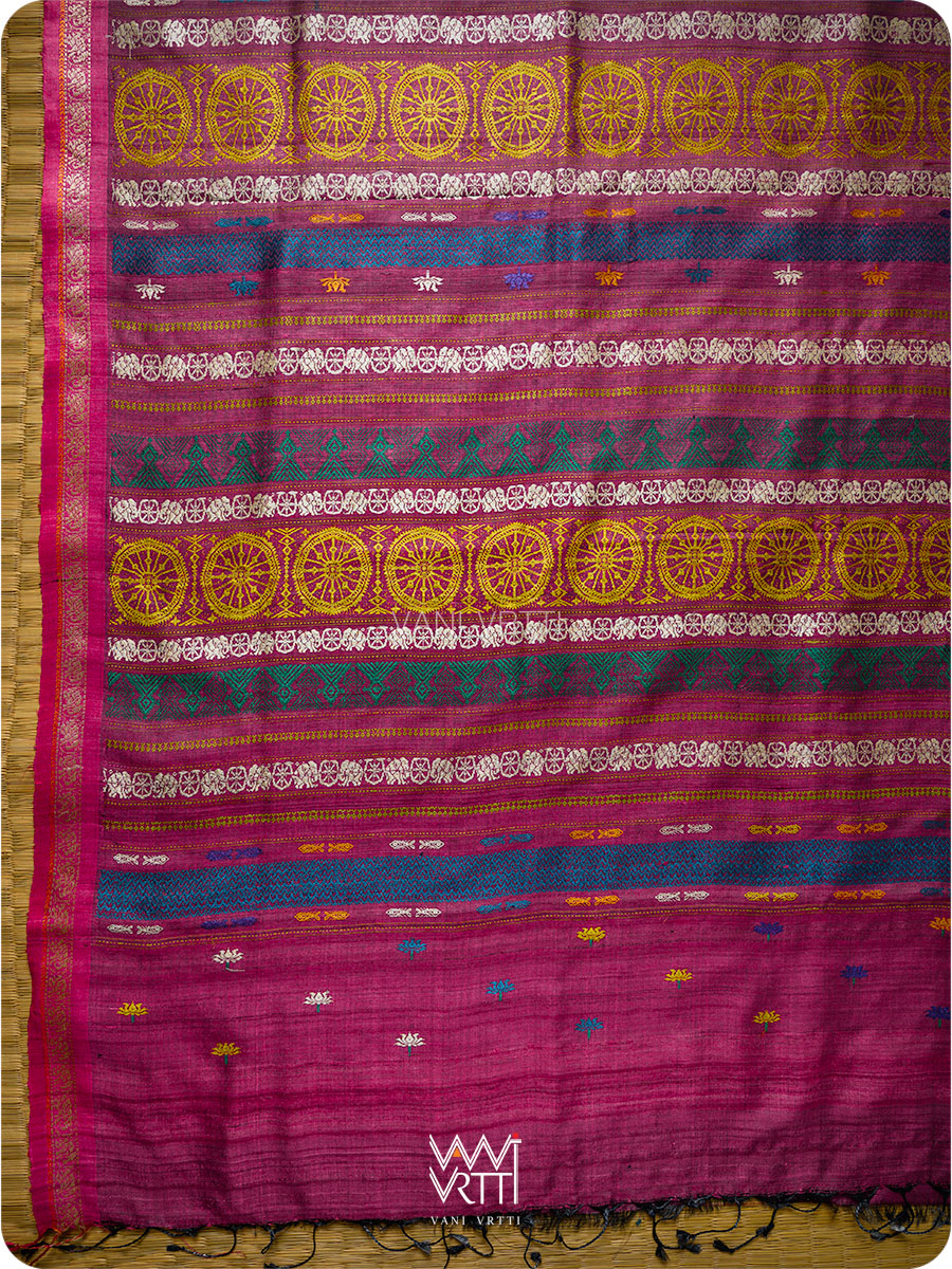 Mehendi Green Magenta Airavata Konark Double Palla Handspun Tussar Silk Saree