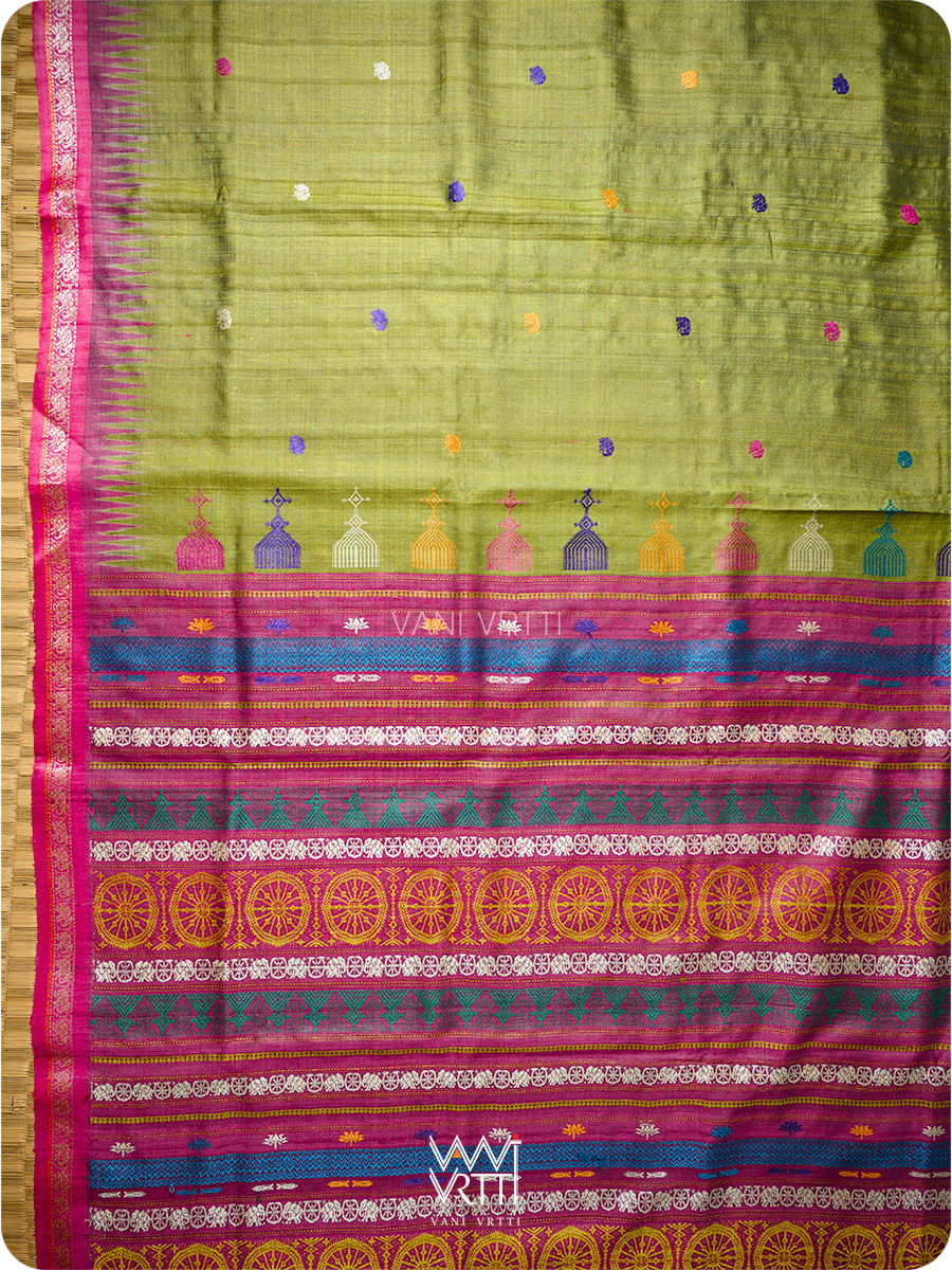 Mehendi Green Magenta Airavata Konark Double Palla Handspun Tussar Silk Saree