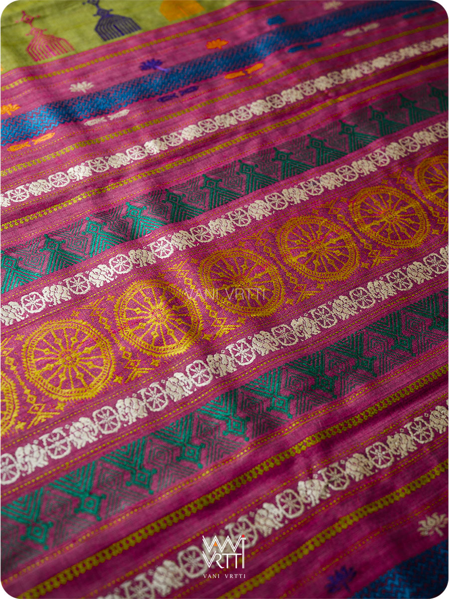Mehendi Green Magenta Airavata Konark Double Palla Handspun Tussar Silk Saree