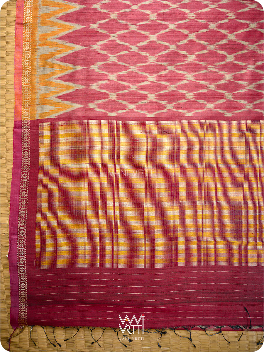 Deep Red Orange Lily Ikat Handspun Tussar Silk Sari