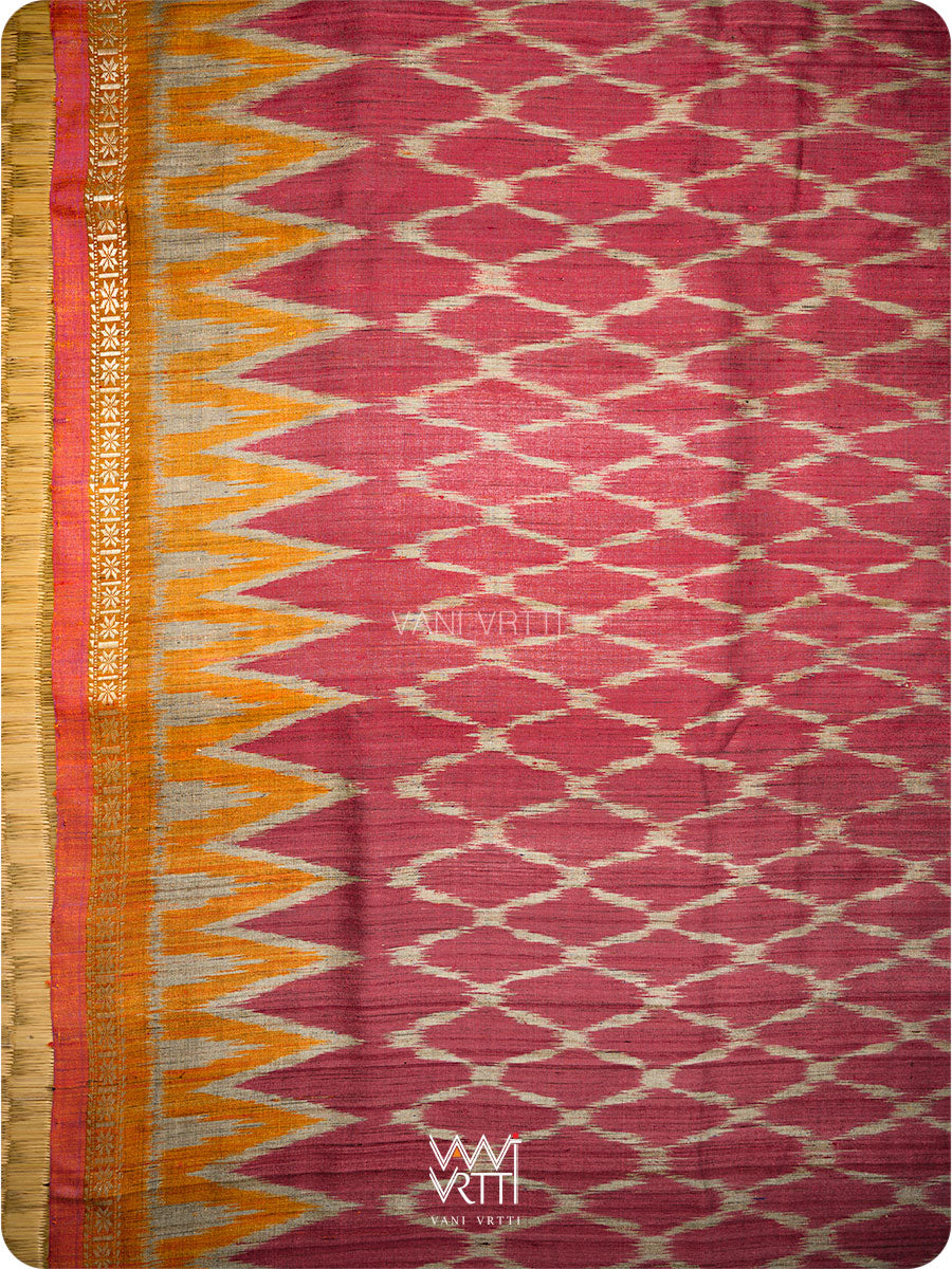 Deep Red Orange Lily Ikat Handspun Tussar Silk Sari