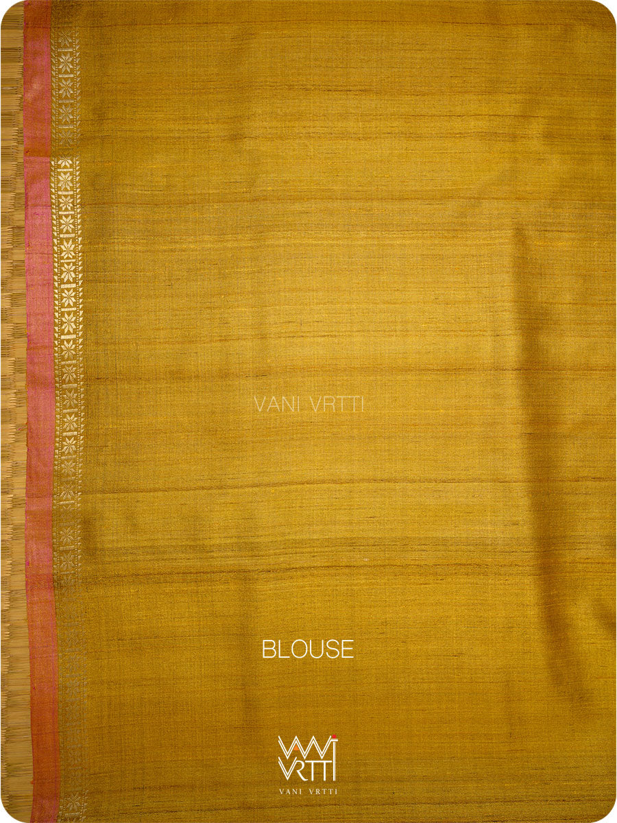 Deep Red Orange Lily Ikat Handspun Tussar Silk Sari