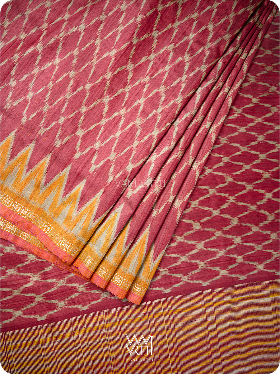 Deep Red Orange Lily Ikat Handspun Tussar Silk Sari