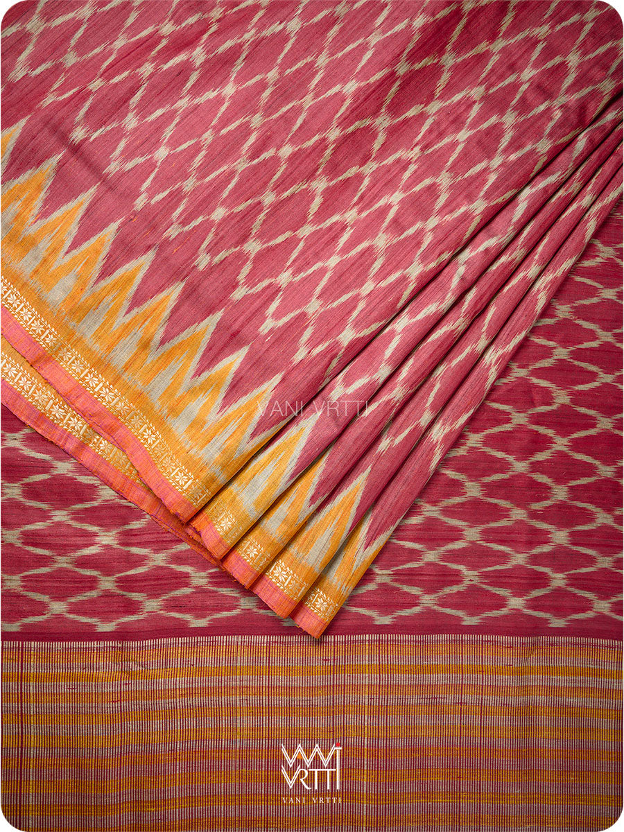Deep Red Orange Lily Ikat Handspun Tussar Silk Sari