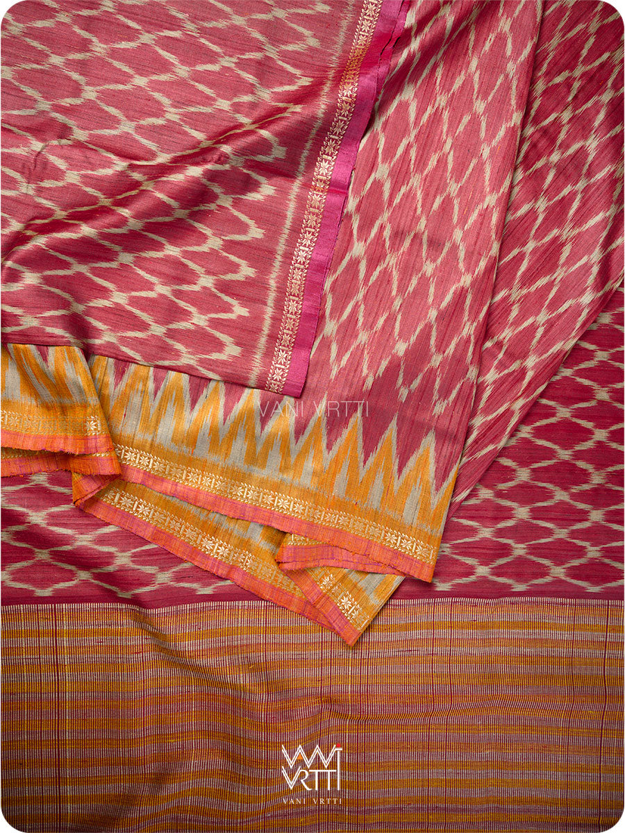 Deep Red Orange Lily Ikat Handspun Tussar Silk Sari