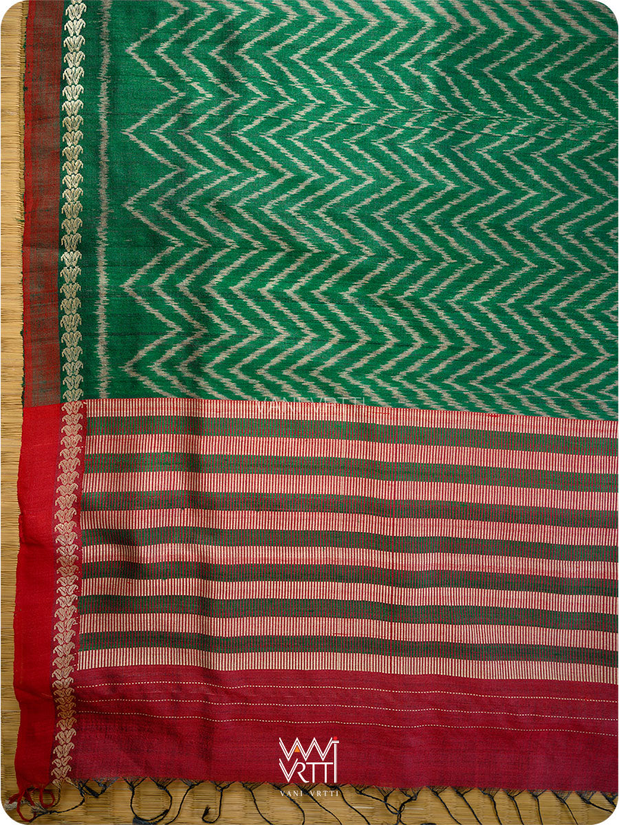 Emereld Green Aziz Ikat Handspun Tussar Silk Saree