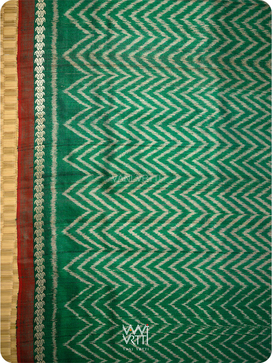 Emereld Green Aziz Ikat Handspun Tussar Silk Saree