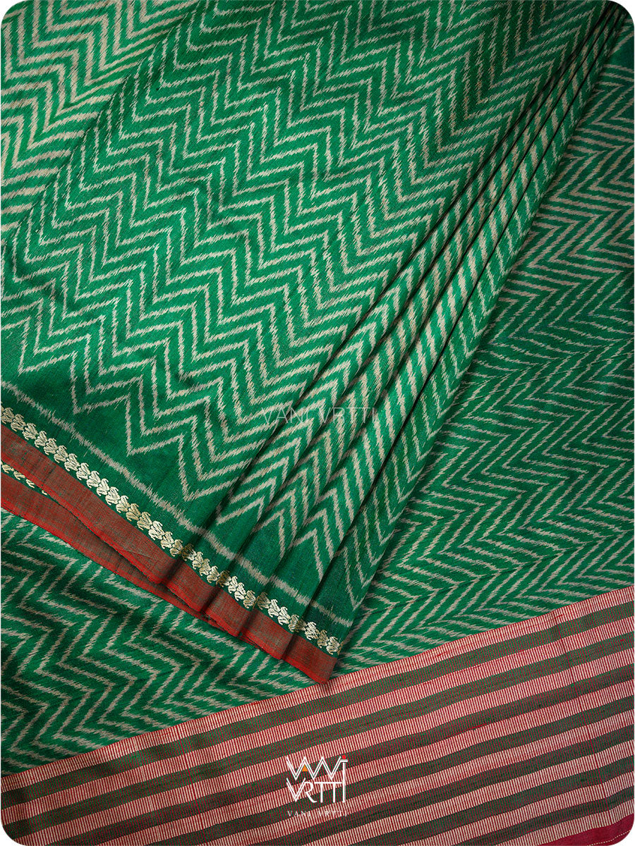 Emereld Green Aziz Ikat Handspun Tussar Silk Saree