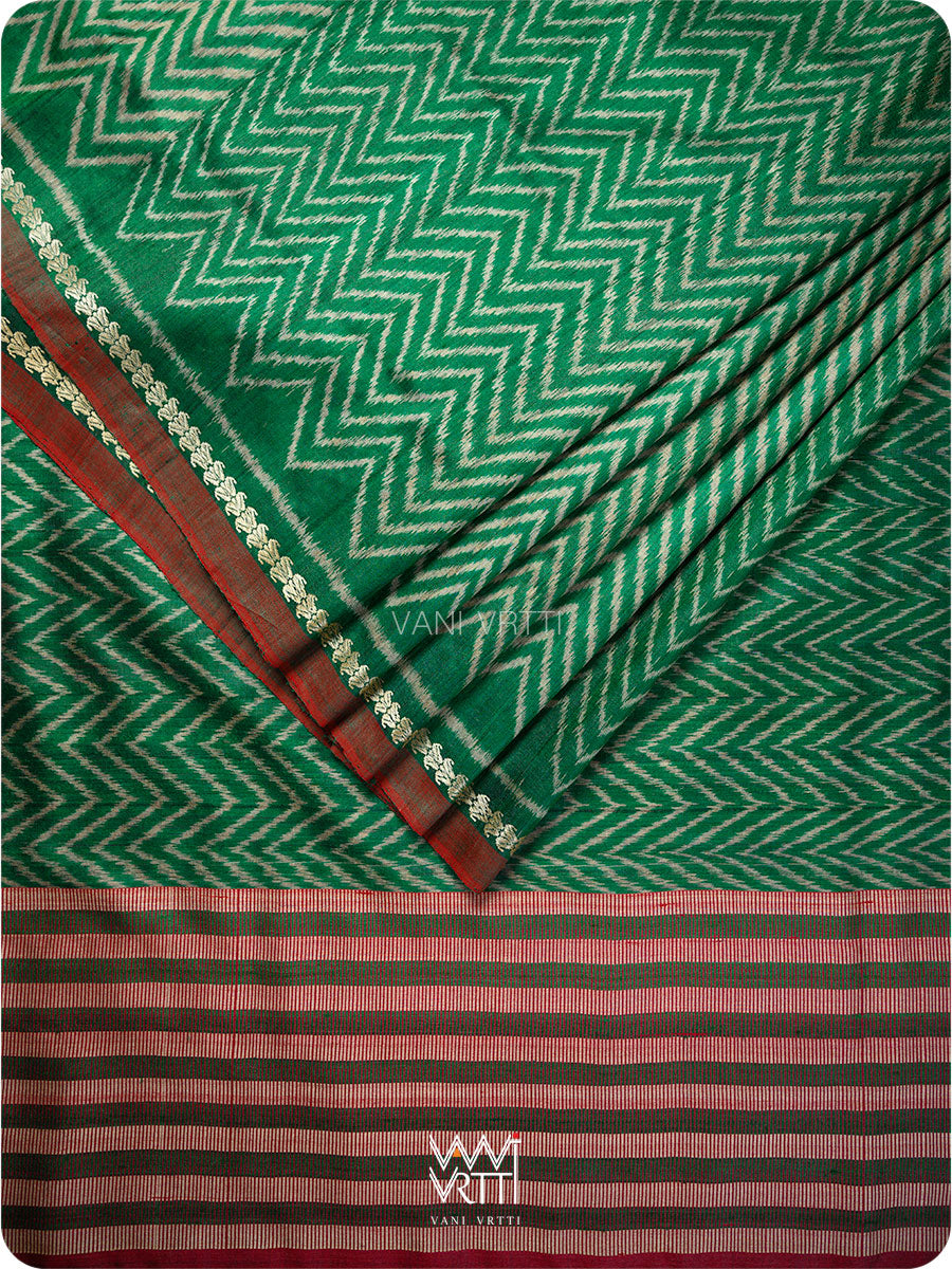 Emereld Green Aziz Ikat Handspun Tussar Silk Saree