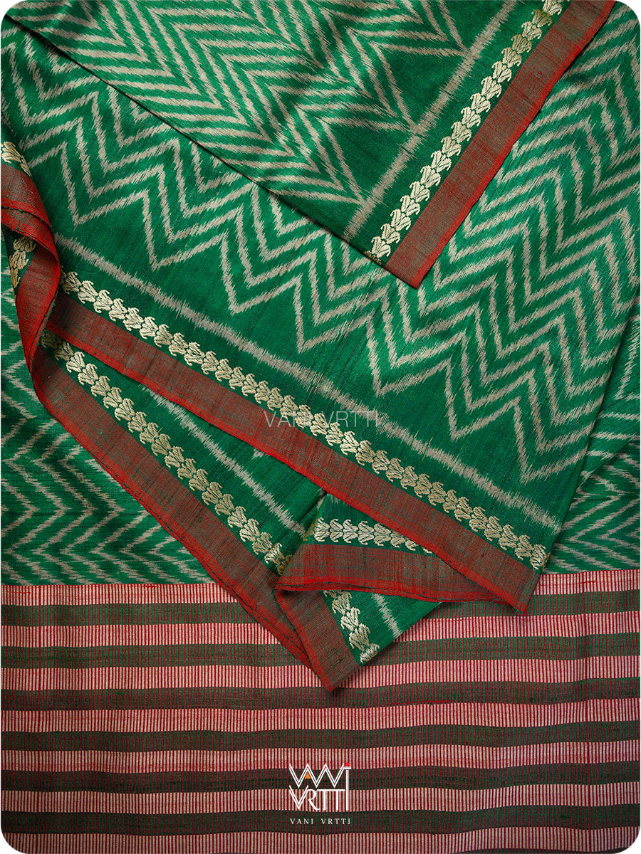 Emereld Green Aziz Ikat Handspun Tussar Silk Saree