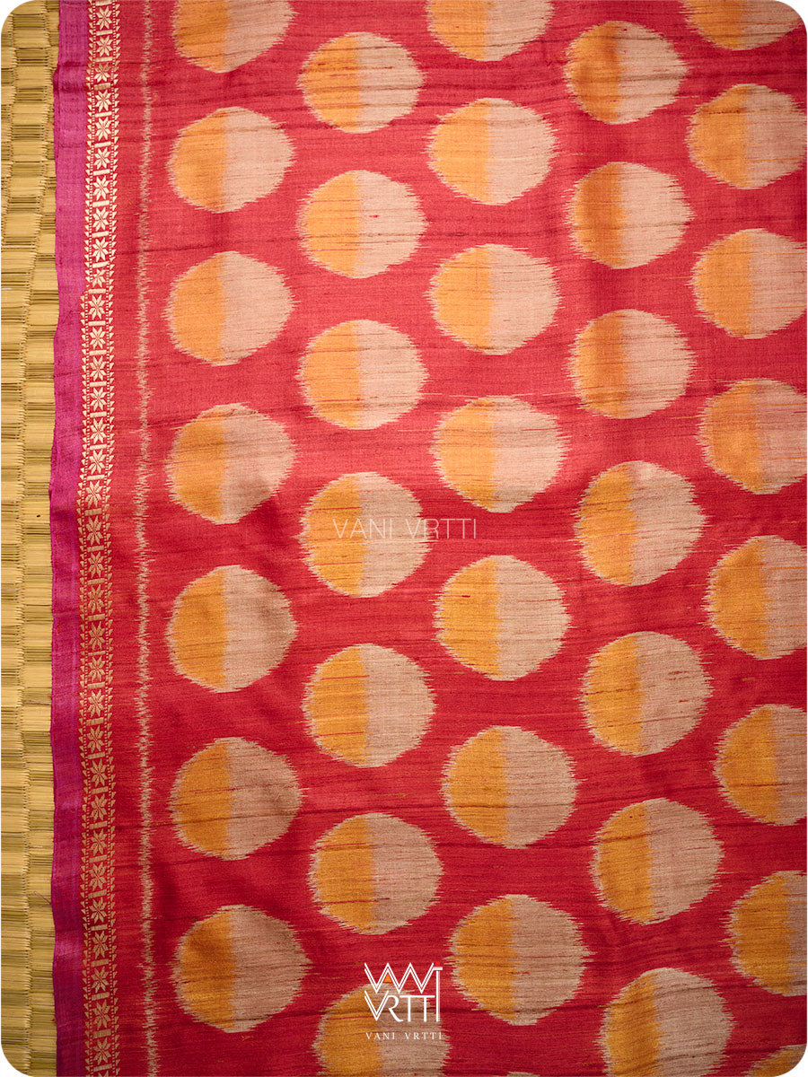 Red Orange Surya Ikat Handspun Tussar Silk Saree