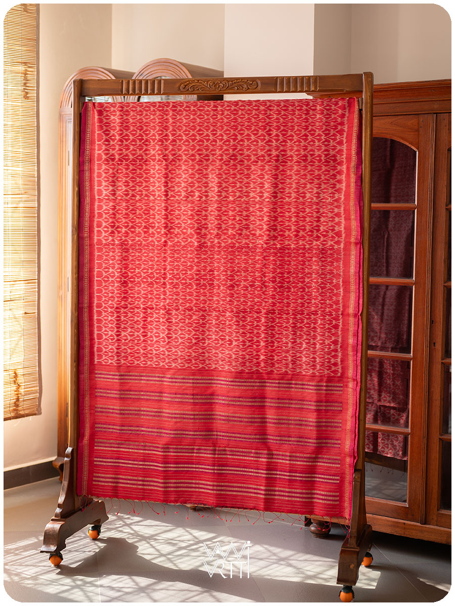 Watermelon Red Samudra Lahar Ikat Handspun Tussar Silk Sari