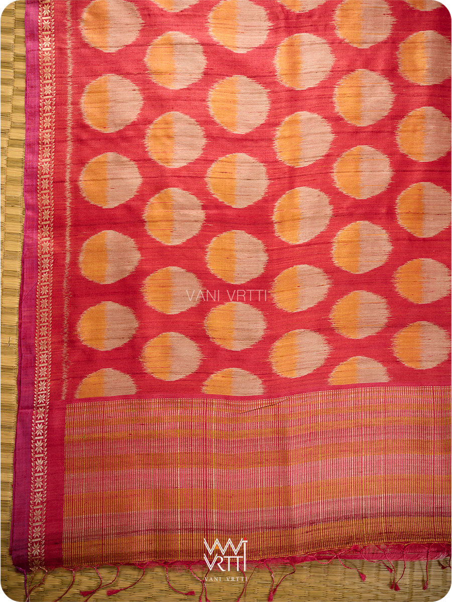 Red Orange Surya Ikat Handspun Tussar Silk Saree