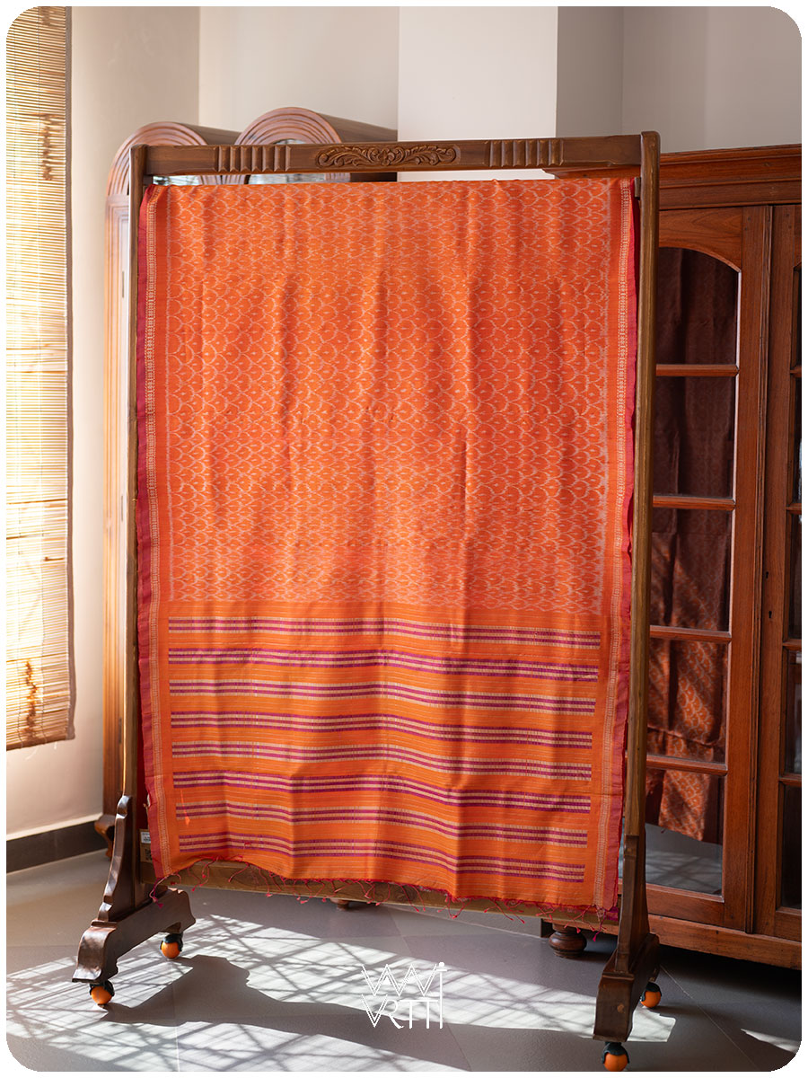 Orange Samudra Lahar Ikat Handspun Tussar Silk Saree