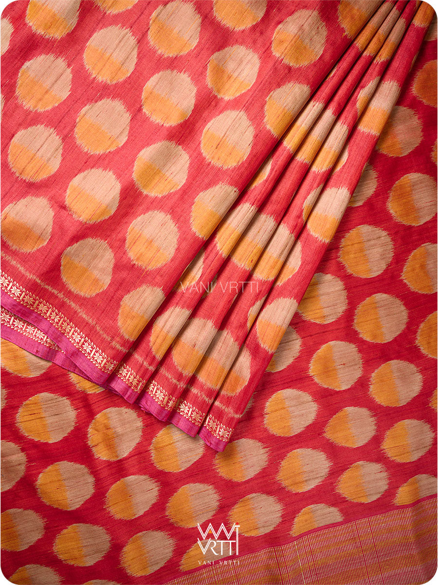 Red Orange Surya Ikat Handspun Tussar Silk Saree