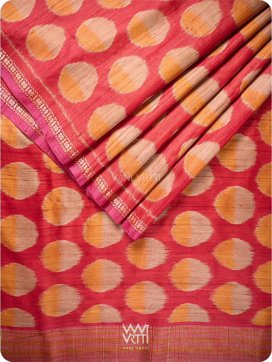 Red Orange Surya Ikat Handspun Tussar Silk Saree