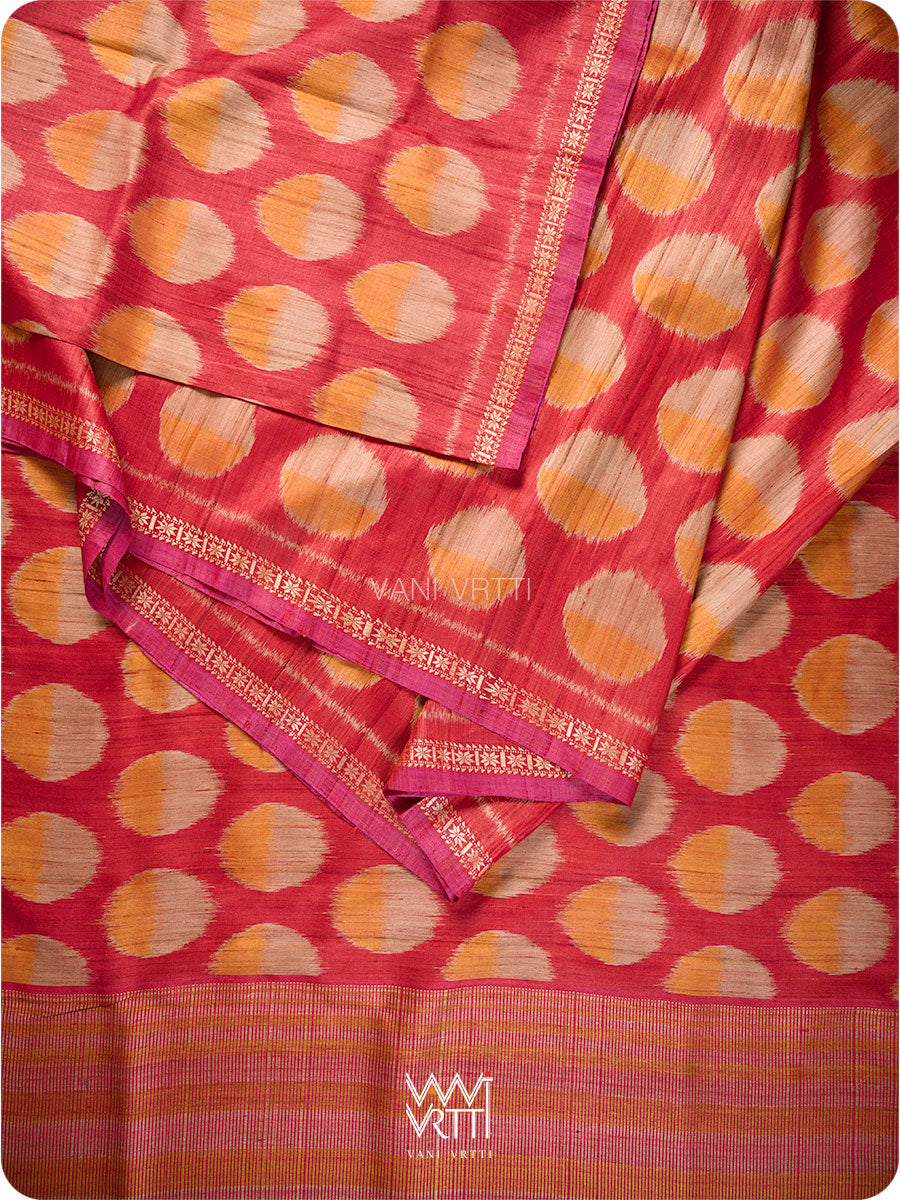 Red Orange Surya Ikat Handspun Tussar Silk Saree