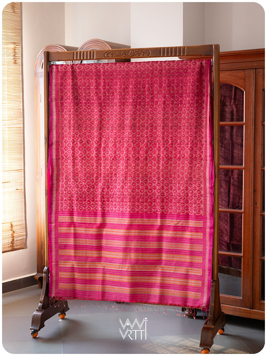 Rani Pink Samudra Lahar Ikat Handspun Tussar Silk Saree