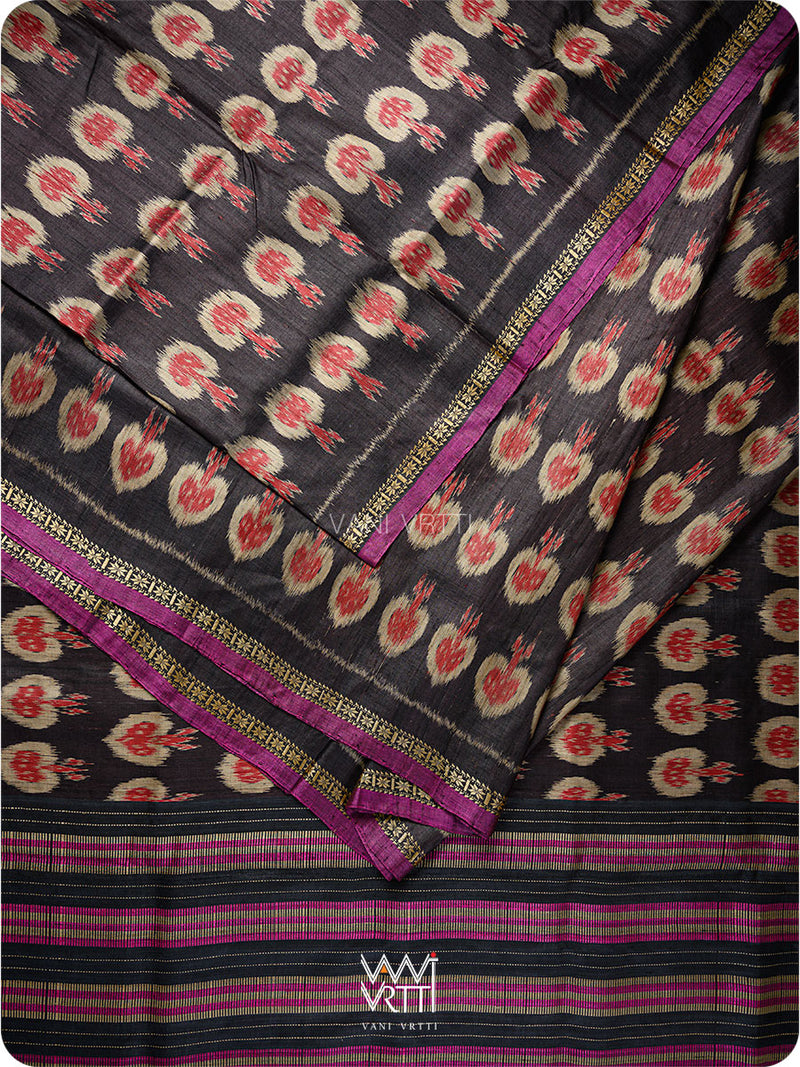 Black Red Pomegranate Ikat Handspun Tussar Silk Saree
