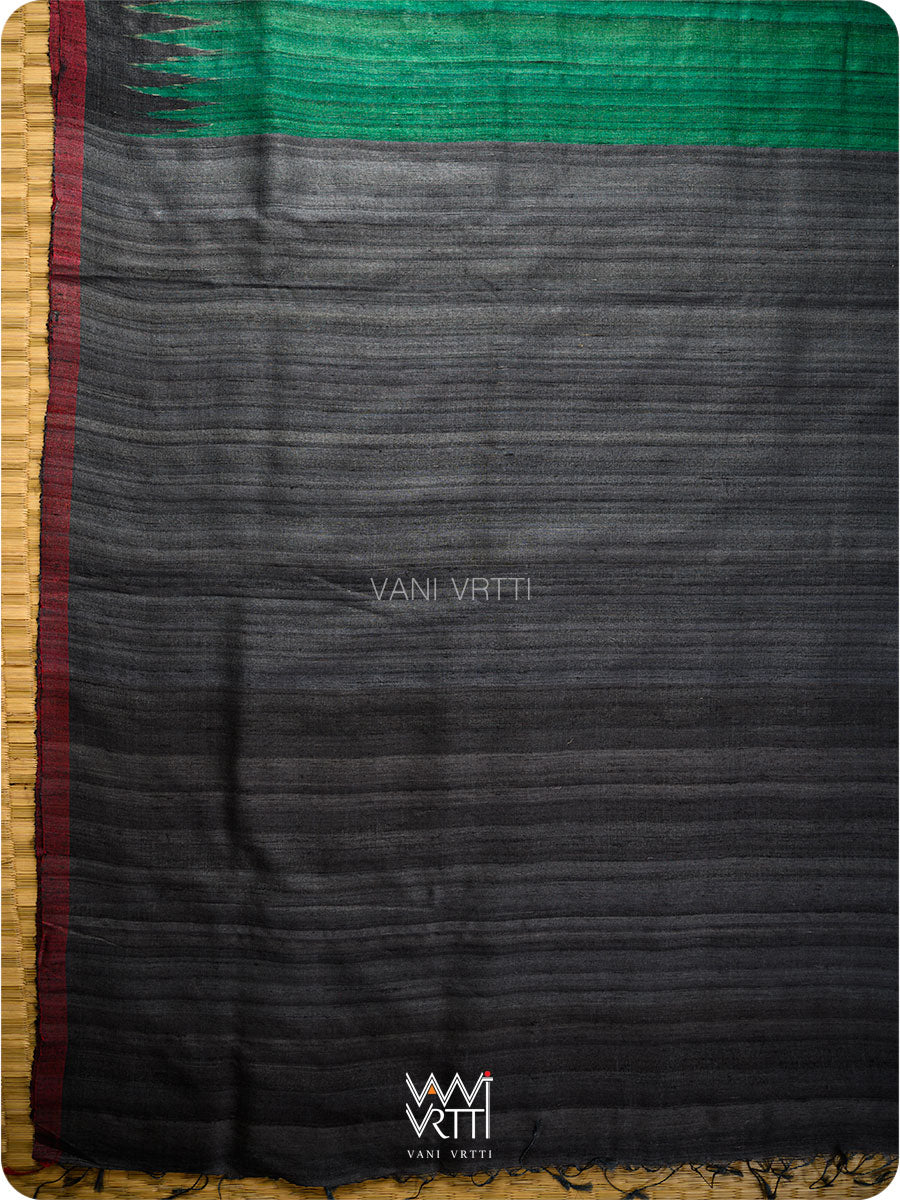 Emerald Green Black Gheecha Handspun Tussar Silk Saree
