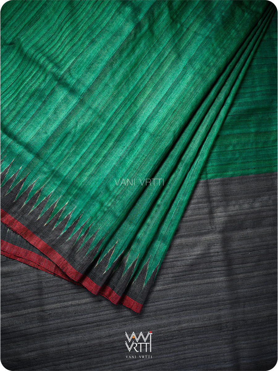 Emerald Green Black Gheecha Handspun Tussar Silk Saree