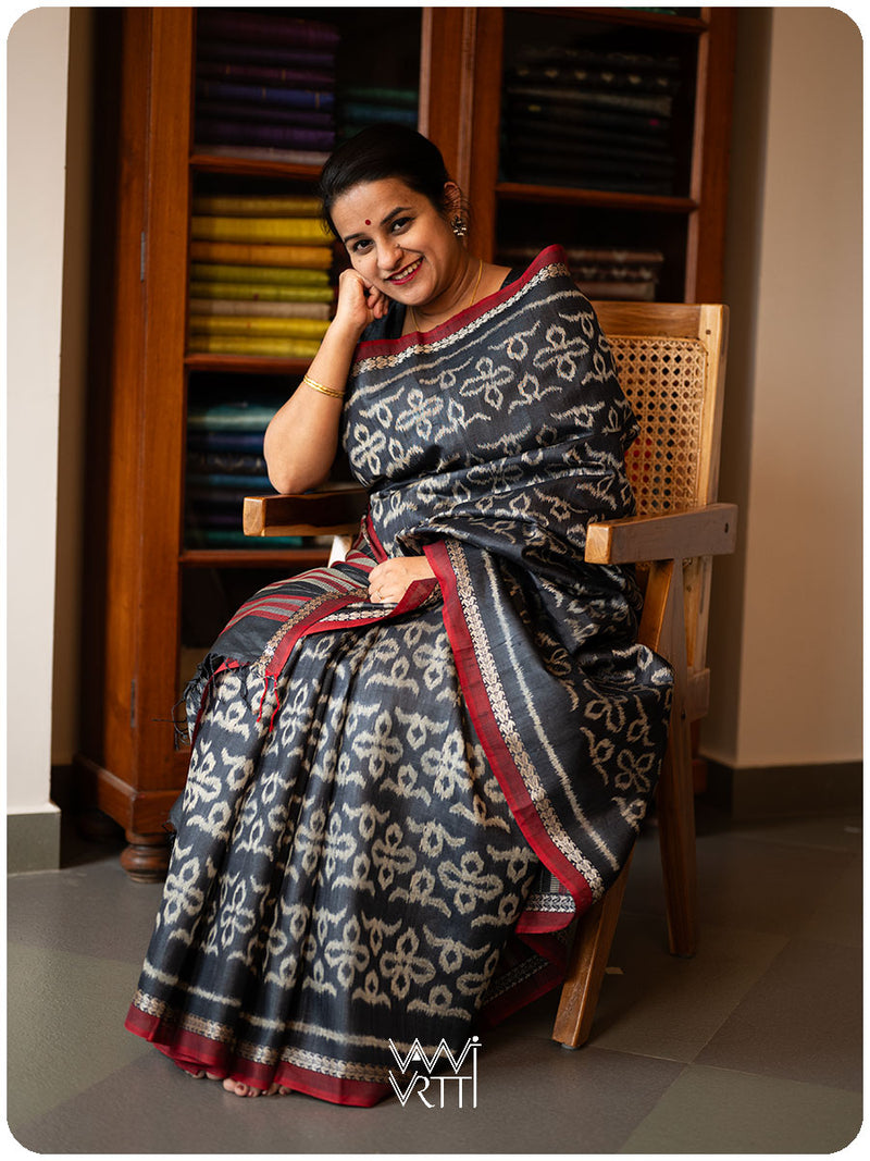Black Ashok Phool Ikat Handspun Tussar Silk Sari
