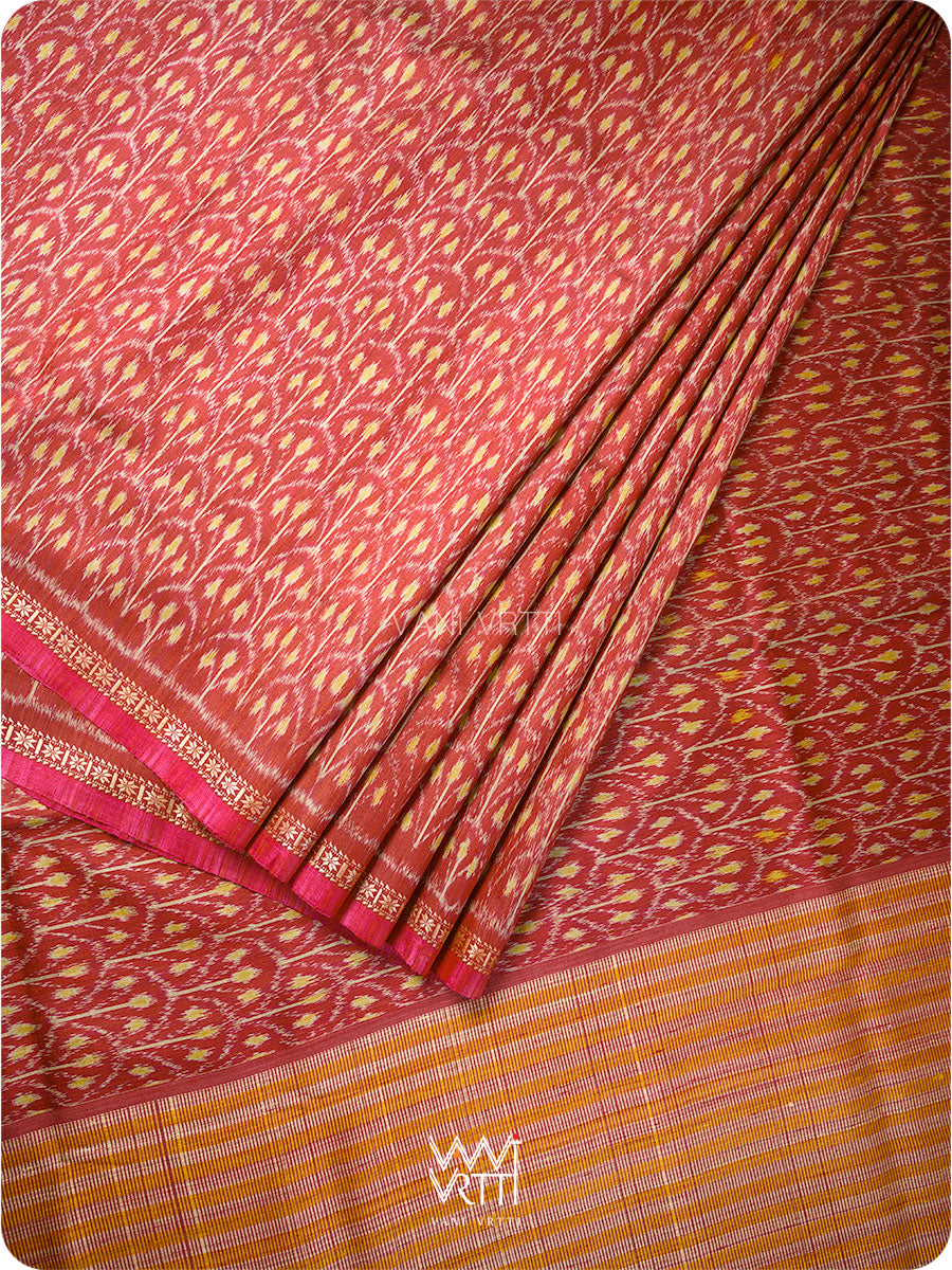 Maroon Iris Ikat Handspun Tussar Silk Sari