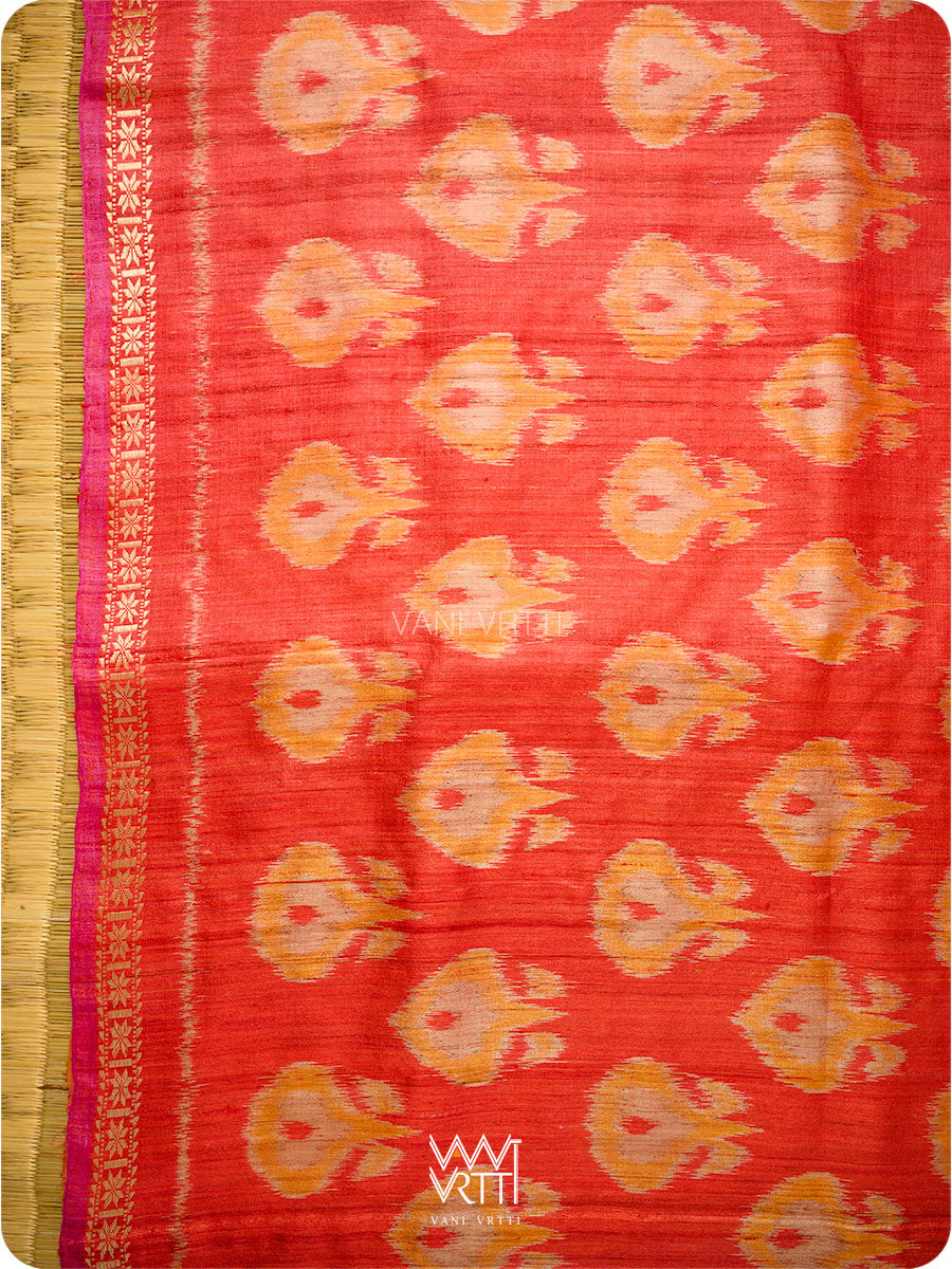 Red Orange Pomegranate Ikat Handspun Tussar Silk Saree