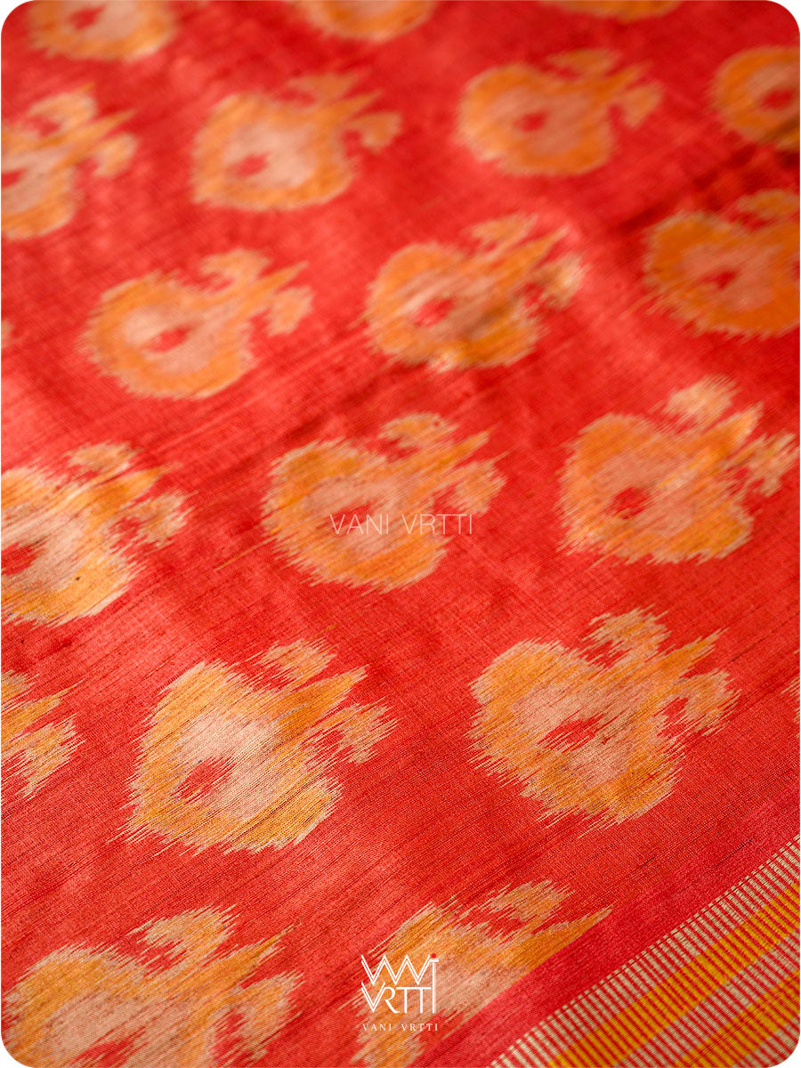 Red Orange Pomegranate Ikat Handspun Tussar Silk Saree