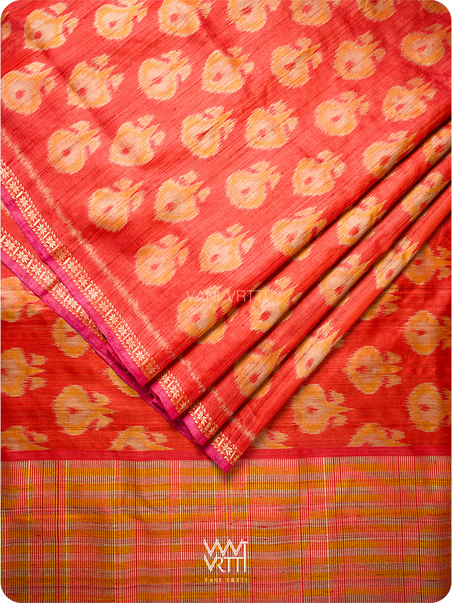 Red Orange Pomegranate Ikat Handspun Tussar Silk Saree