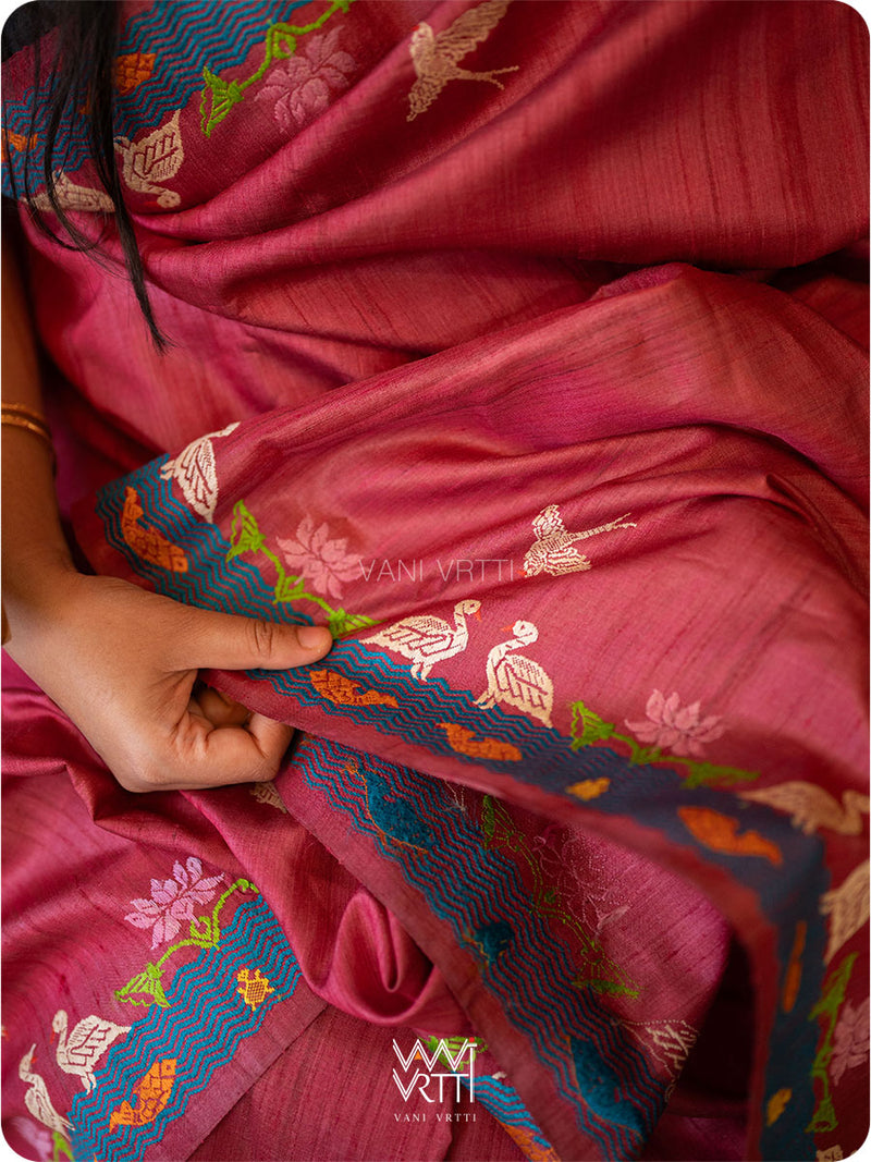 Deep Wine Chilika Master Weave Exclusive Handspun Tussar Silk Saree