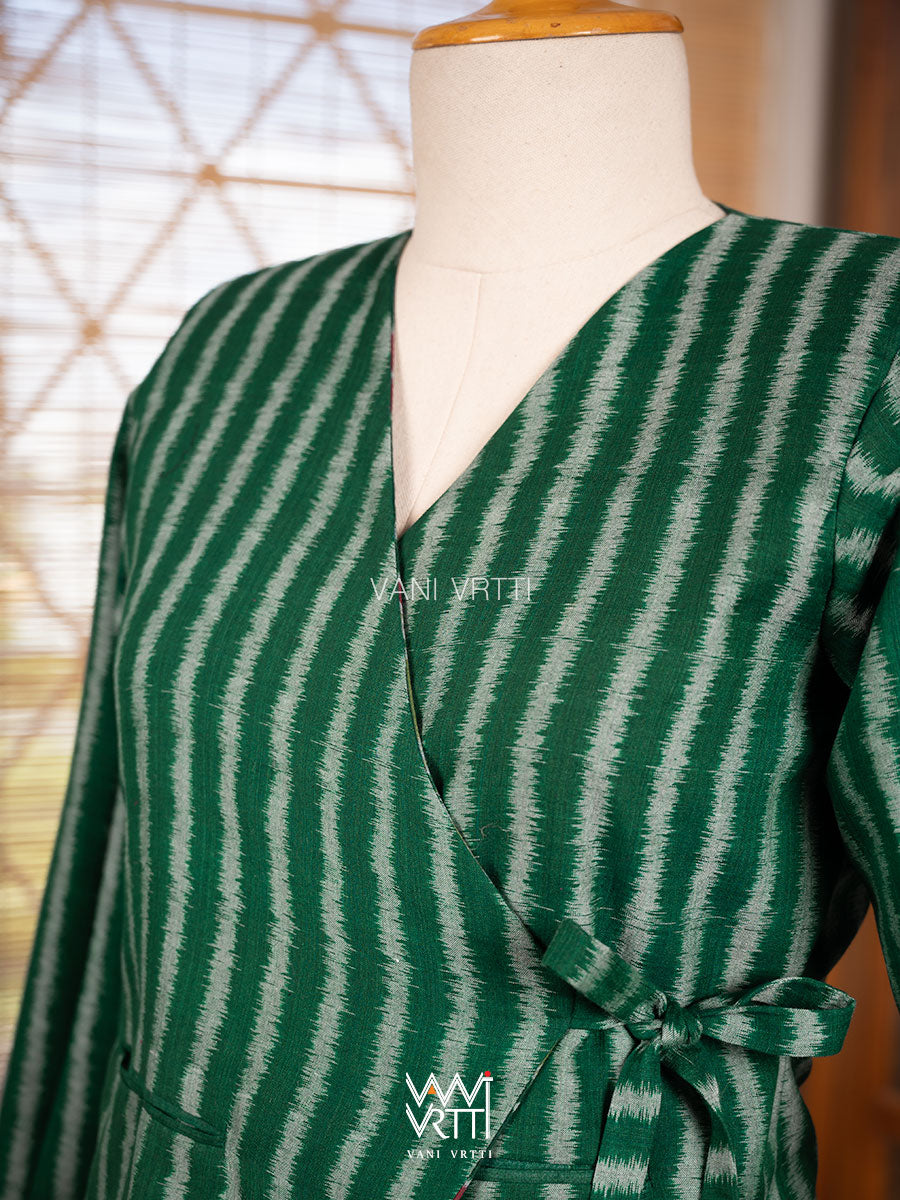 Bottle Green Lotus Parrot Reversible Parallel Ikat Overlap Waist Length Jacket