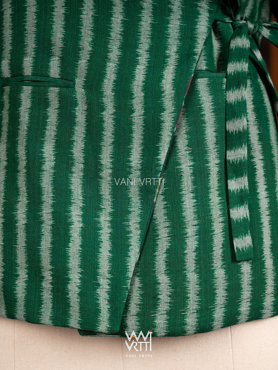 Bottle Green Lotus Parrot Reversible Parallel Ikat Overlap Waist Length Jacket