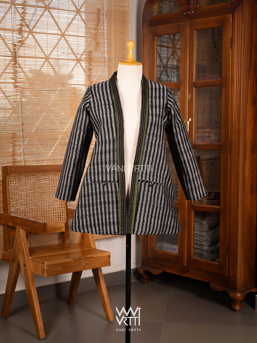 Black Lotus Parrot Reversible Parallel Ikat Kimono Collar Tunic Jacket