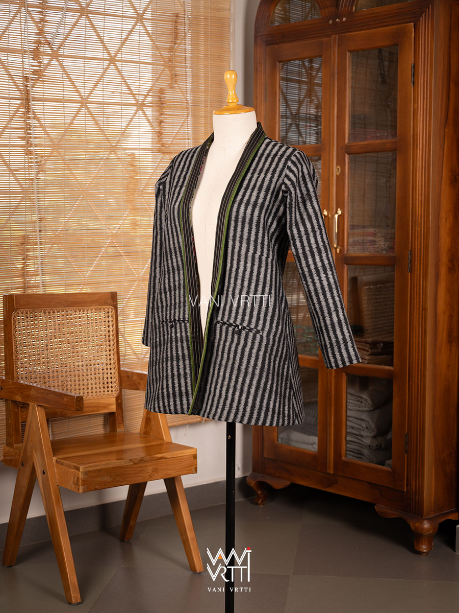 Black Lotus Parrot Reversible Parallel Ikat Kimono Collar Tunic Jacket